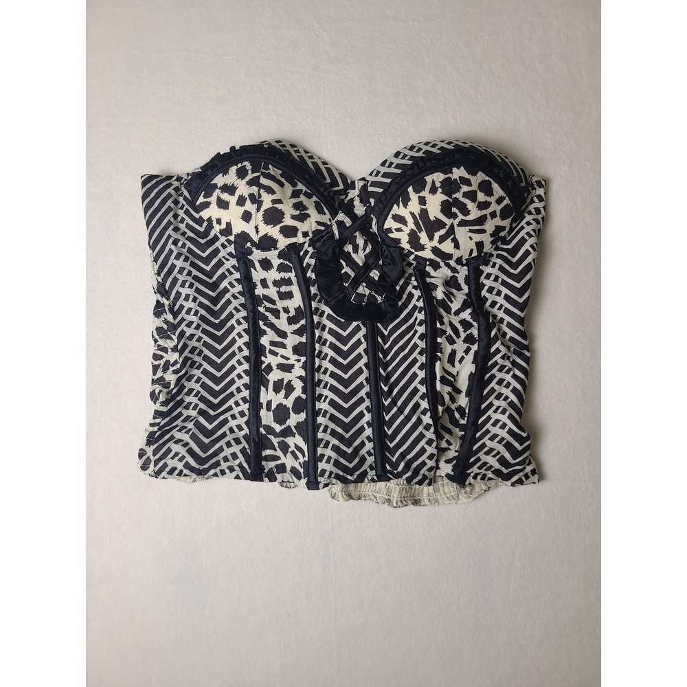 Y2K Soprano Corset Top Wm M Black White Leopard Chevron Boned Smocked Crop 00s